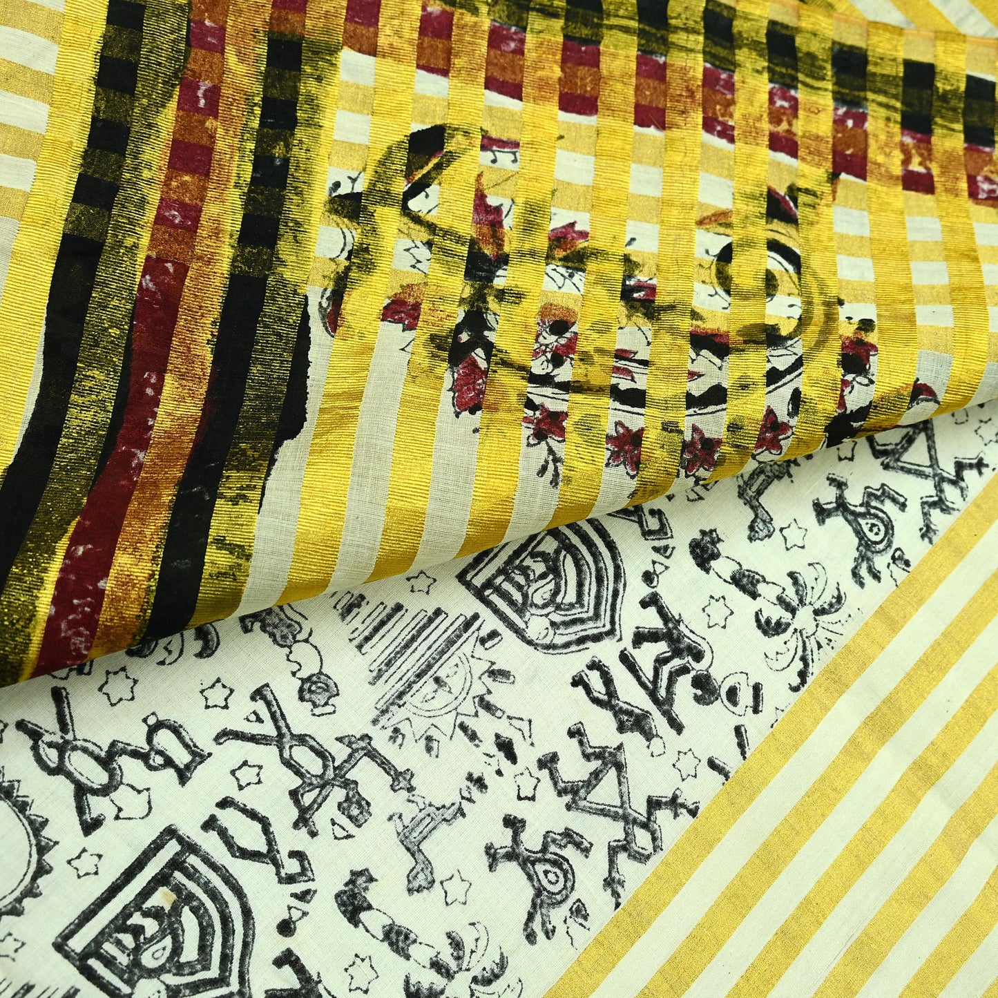 Indian Vintage Ivory Sarees Hand Woven Warli Printed 100% Pure Cotton Sari Craft Fabric 5Yd  Sari Ethnic Floral Design Zari