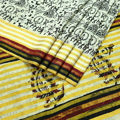 Indian Vintage Ivory Sarees Hand Woven Warli Printed 100% Pure Cotton Sari Craft Fabric 5Yd  Sari Ethnic Floral Design Zari