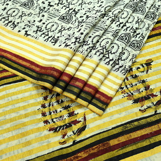 Indian Vintage Ivory Sarees Hand Woven Warli Printed 100% Pure Cotton Sari Craft Fabric 5Yd  Sari Ethnic Floral Design Zari