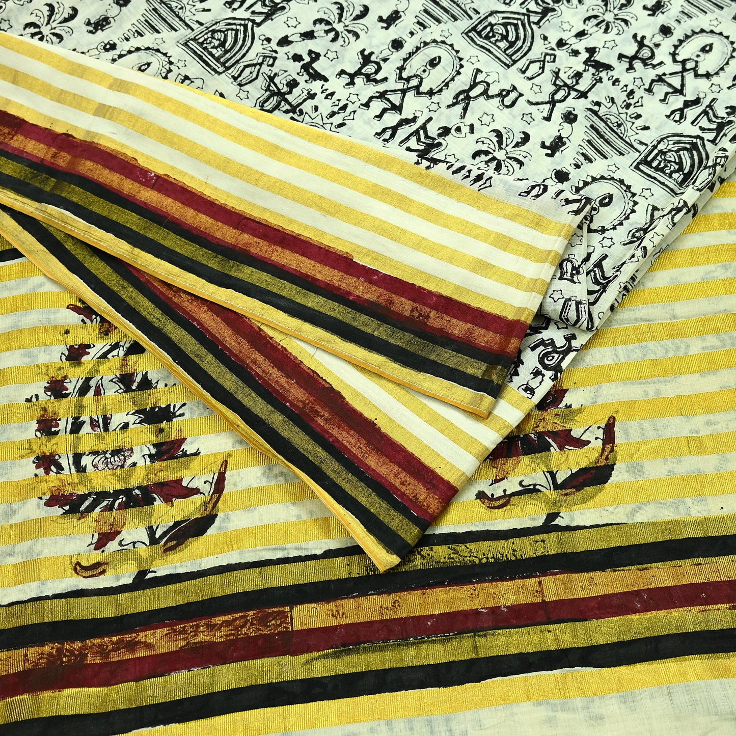 Indian Vintage Ivory Sarees Hand Woven Warli Printed 100% Pure Cotton Sari Craft Fabric 5Yd  Sari Ethnic Floral Design Zari