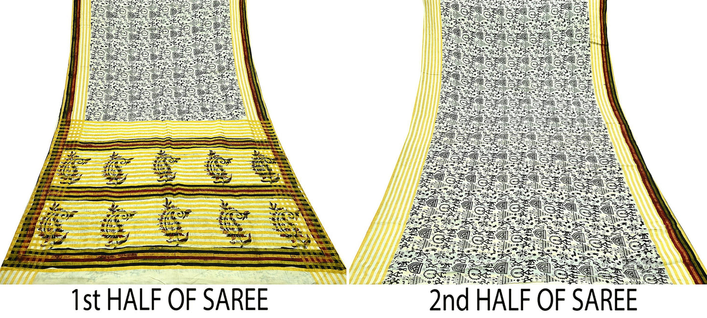 Indian Vintage Ivory Sarees Hand Woven Warli Printed 100% Pure Cotton Sari Craft Fabric 5Yd  Sari Ethnic Floral Design Zari
