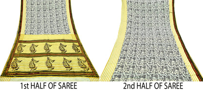 Indian Vintage Ivory Sarees Hand Woven Warli Printed 100% Pure Cotton Sari Craft Fabric 5Yd  Sari Ethnic Floral Design Zari