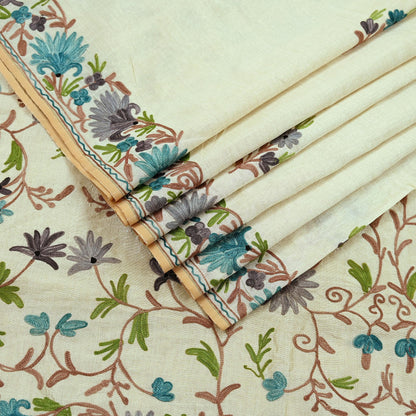 Indian Vintage Sari Ivory Artificial Silk Hand Embroidered Ari Sarees 5yd Ethnic Craft Fabric Sewing Sarees Dress making Crafting