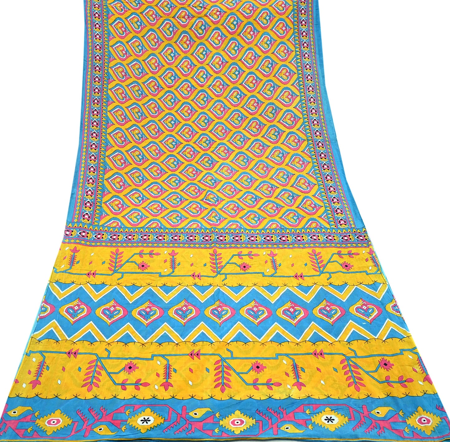 Indian Vintage Sari Blue & Yellow Printed 100% Pure Cotton Saree Craft Fabric 5Yd Soft Sewing Sarong Wrap Boho Dress making Quilting Upcycle