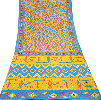 Indian Vintage Sari Blue & Yellow Printed 100% Pure Cotton Saree Craft Fabric 5Yd Soft Sewing Sarong Wrap Boho Dress making Quilting Upcycle