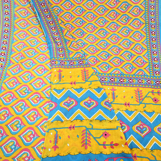Indian Vintage Sari Blue & Yellow Printed 100% Pure Cotton Saree Craft Fabric 5Yd Soft Sewing Sarong Wrap Boho Dress making Quilting Upcycle