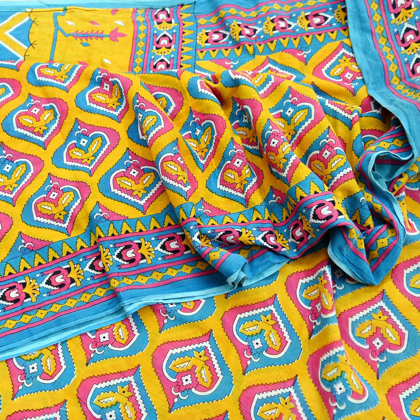 Indian Vintage Sari Blue & Yellow Printed 100% Pure Cotton Saree Craft Fabric 5Yd Soft Sewing Sarong Wrap Boho Dress making Quilting Upcycle