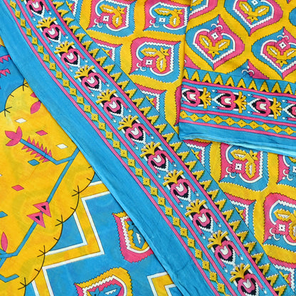 Indian Vintage Sari Blue & Yellow Printed 100% Pure Cotton Saree Craft Fabric 5Yd Soft Sewing Sarong Wrap Boho Dress making Quilting Upcycle