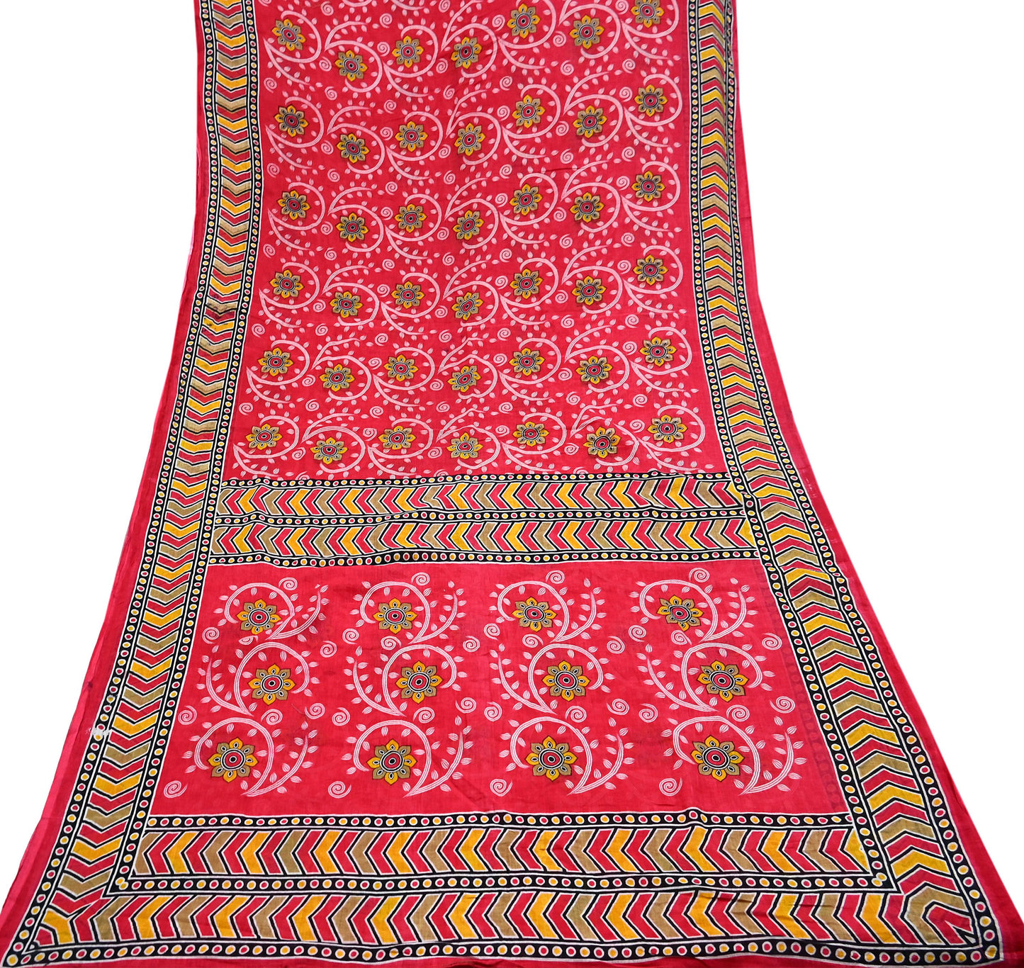 Indian Vintage Sari Red Printed 100% Pure Cotton Saree Craft Fabric 5Yd Sewing Sarong Wrap Boho Floral Soft Quilting Upcycle