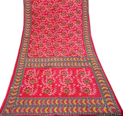 Indian Vintage Sari Red Printed 100% Pure Cotton Saree Craft Fabric 5Yd Sewing Sarong Wrap Boho Floral Soft Quilting Upcycle