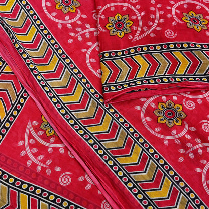 Indian Vintage Sari Red Printed 100% Pure Cotton Saree Craft Fabric 5Yd Sewing Sarong Wrap Boho Floral Soft Quilting Upcycle