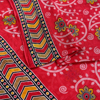 Indian Vintage Sari Red Printed 100% Pure Cotton Saree Craft Fabric 5Yd Sewing Sarong Wrap Boho Floral Soft Quilting Upcycle