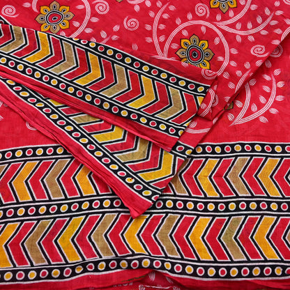Indian Vintage Sari Red Printed 100% Pure Cotton Saree Craft Fabric 5Yd Sewing Sarong Wrap Boho Floral Soft Quilting Upcycle