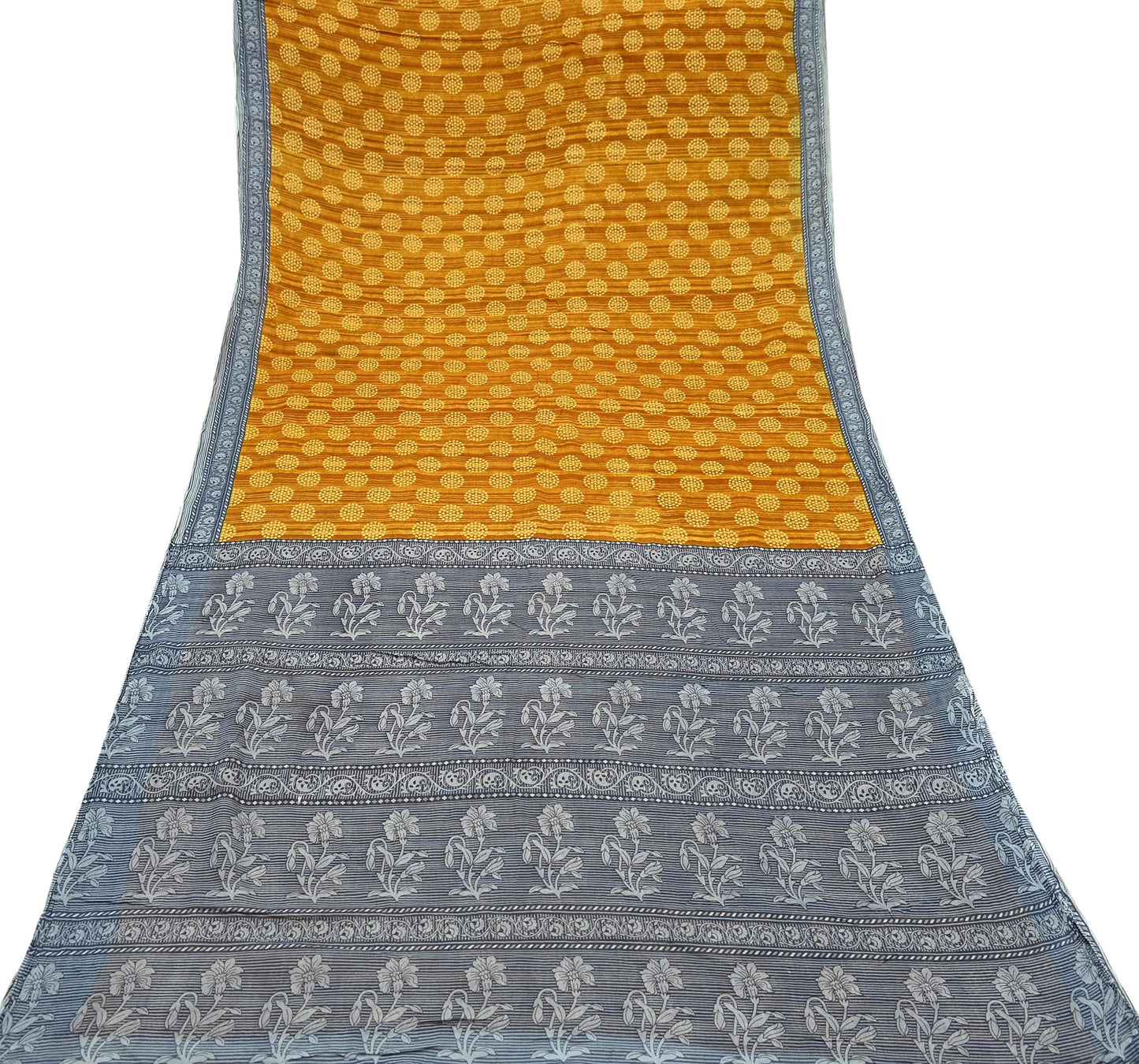 Indian Vintage Gray & Mustard Saree Printed Pure Cotton Sari Craft Fabric 5Yd Soft Sewing Sarong Wrap Boho Floral Dress making Crafting