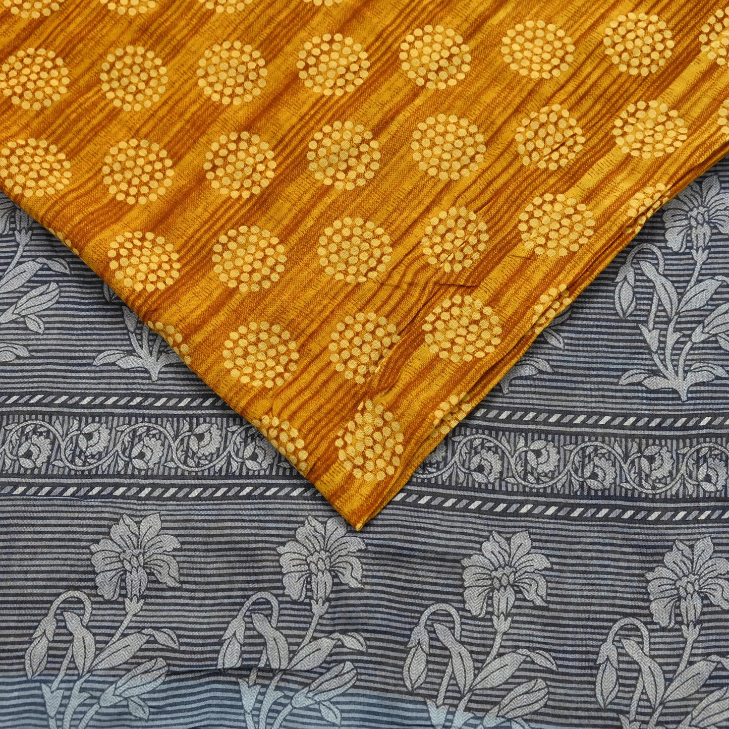 Indian Vintage Gray & Mustard Saree Printed Pure Cotton Sari Craft Fabric 5Yd Soft Sewing Sarong Wrap Boho Floral Dress making Crafting