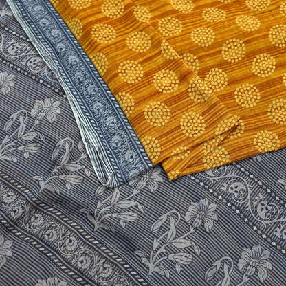 Indian Vintage Gray & Mustard Saree Printed Pure Cotton Sari Craft Fabric 5Yd Soft Sewing Sarong Wrap Boho Floral Dress making Crafting