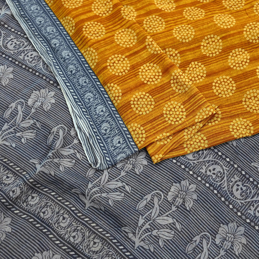 Indian Vintage Gray & Mustard Saree Printed Pure Cotton Sari Craft Fabric 5Yd Soft Sewing Sarong Wrap Boho Floral Dress making Crafting