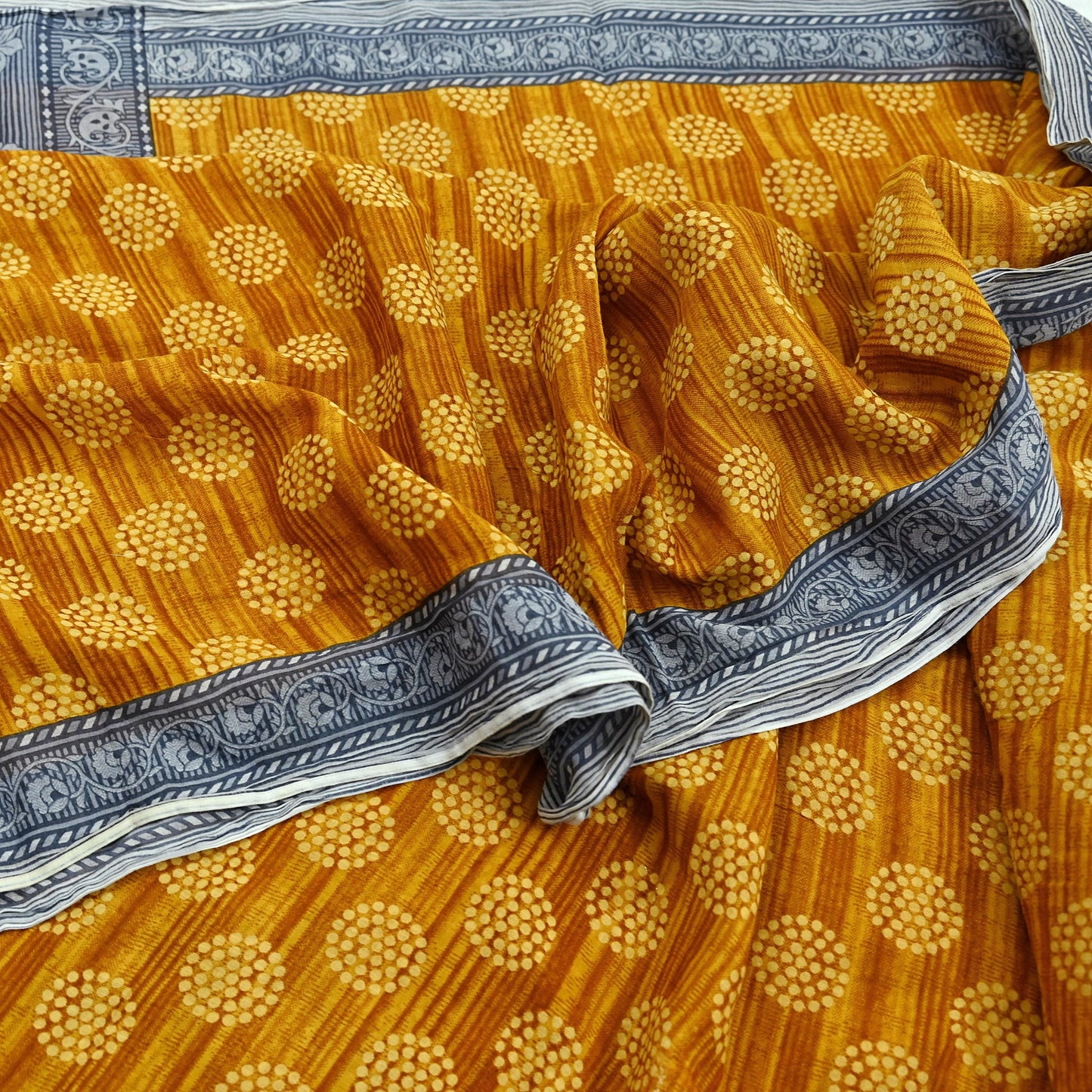 Indian Vintage Gray & Mustard Saree Printed Pure Cotton Sari Craft Fabric 5Yd Soft Sewing Sarong Wrap Boho Floral Dress making Crafting