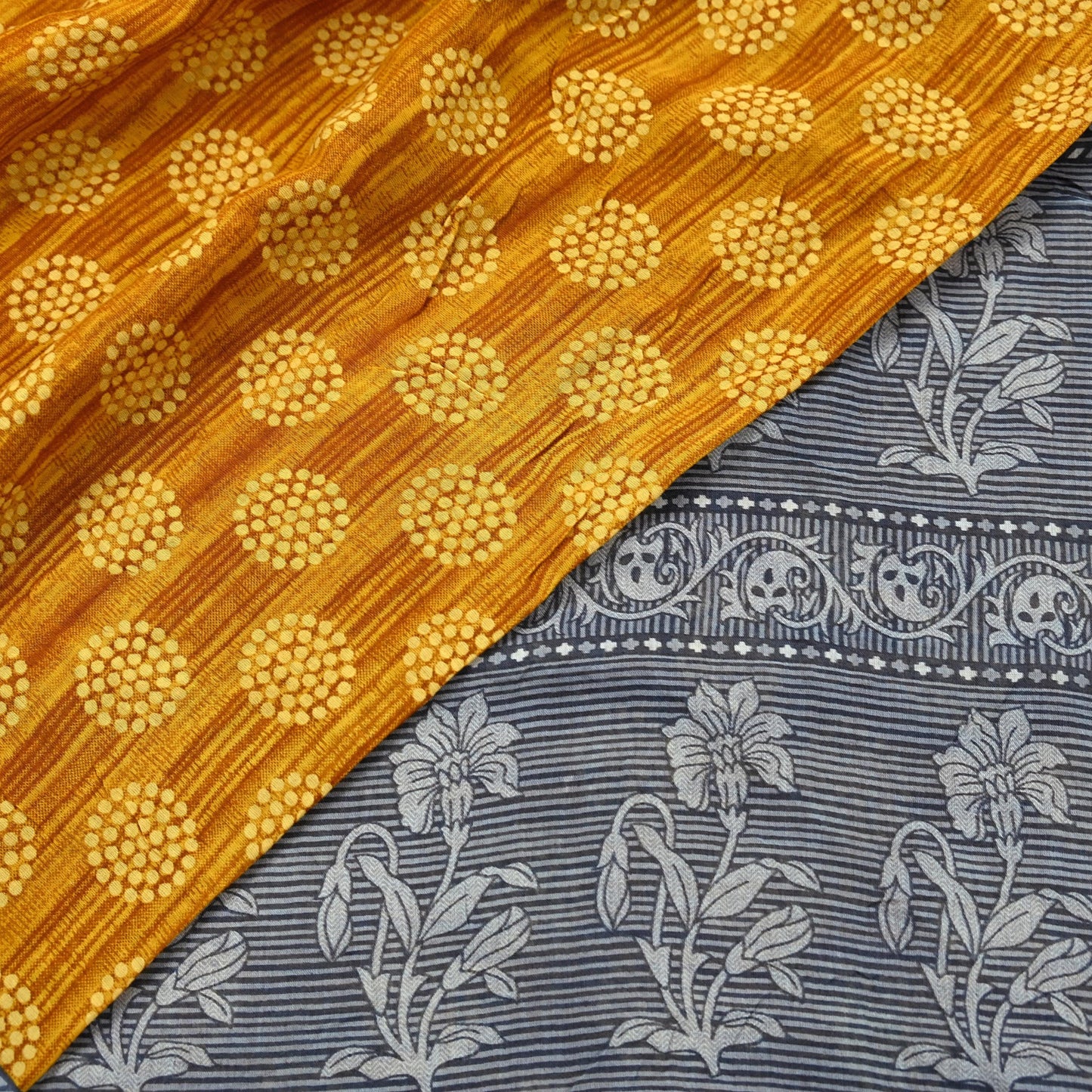 Indian Vintage Gray & Mustard Saree Printed Pure Cotton Sari Craft Fabric 5Yd Soft Sewing Sarong Wrap Boho Floral Dress making Crafting