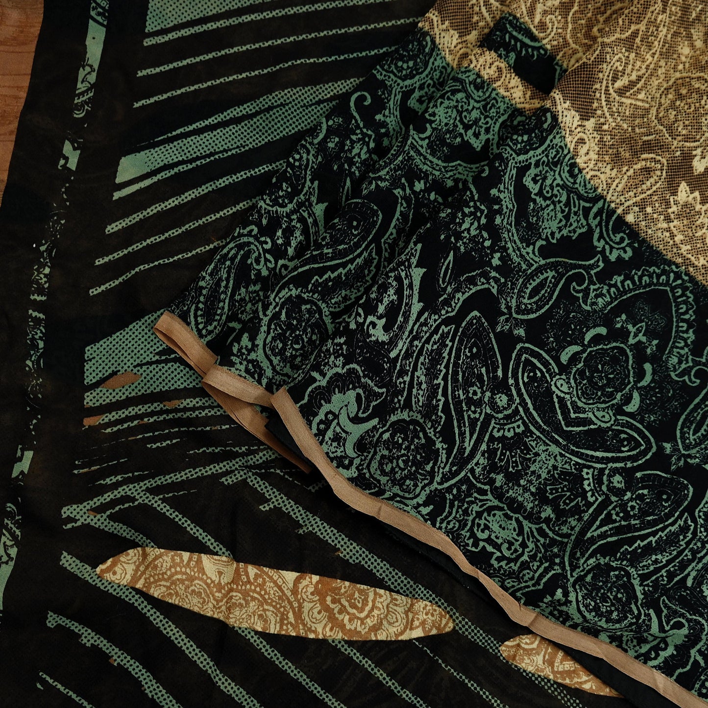 Indian Women Vintage Sari Black & Brown 100% Pure Georgette Silk Printed Saree Sewing 5yd Soft Craft Fabric Dress Making Dress Designing