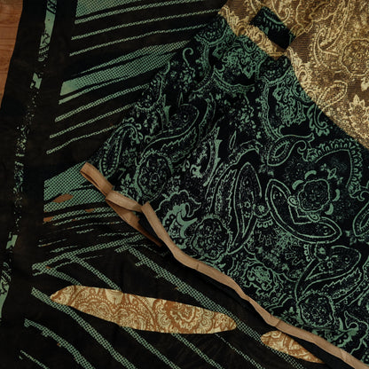 Indian Women Vintage Sari Black & Brown 100% Pure Georgette Silk Printed Saree Sewing 5yd Soft Craft Fabric Dress Making Dress Designing