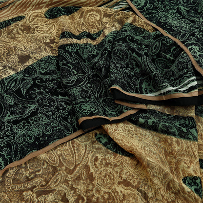 Indian Women Vintage Sari Black & Brown 100% Pure Georgette Silk Printed Saree Sewing 5yd Soft Craft Fabric Dress Making Dress Designing