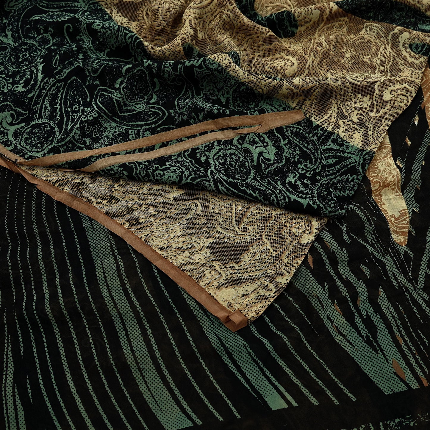 Indian Women Vintage Sari Black & Brown 100% Pure Georgette Silk Printed Saree Sewing 5yd Soft Craft Fabric Dress Making Dress Designing