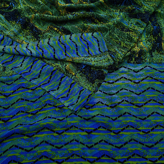 Indian Vintage Sari Blue & Green 100% Pure Georgette Silk Printed Sarees Sewing 5yd Craft Soft Dress Designing for Crafting Abstract Upcycle