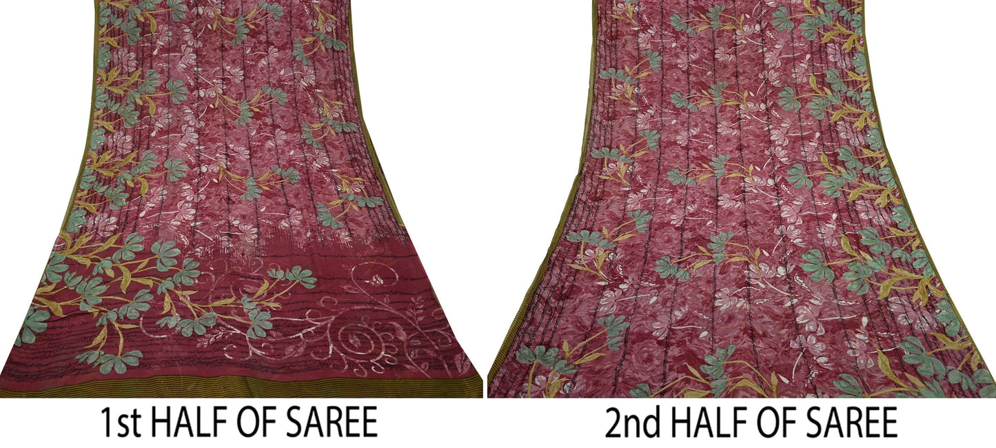 Indian Vintage Sari Pink Pure Georgette Silk Printed Saree Craft Fabric Sewing 5Yd Soft Light Dress Making Crafting Quilting Upcycle