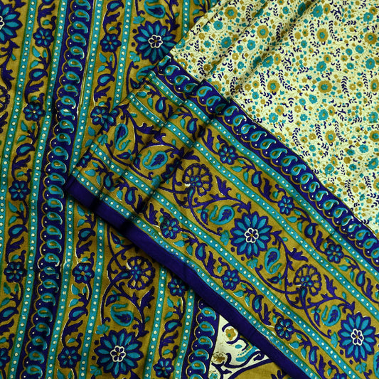 Indian Vintage Sari Ivory & Blue Printed 100% Pure Satin Silk Sarees 5yd Sewing Craft Fabric Dress Making Wrap Upcycle Quilting Crafting