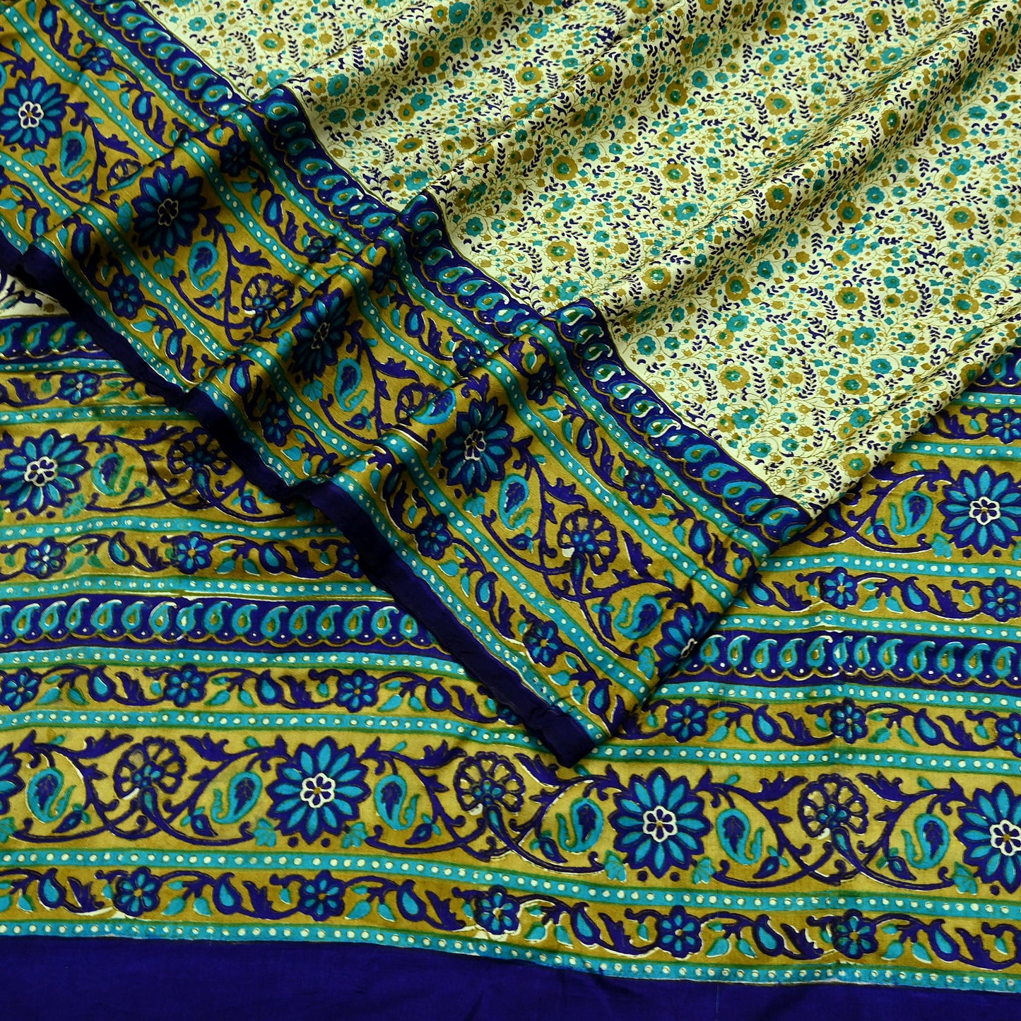 Indian Vintage Sari Ivory & Blue Printed 100% Pure Satin Silk Sarees 5yd Sewing Craft Fabric Dress Making Wrap Upcycle Quilting Crafting
