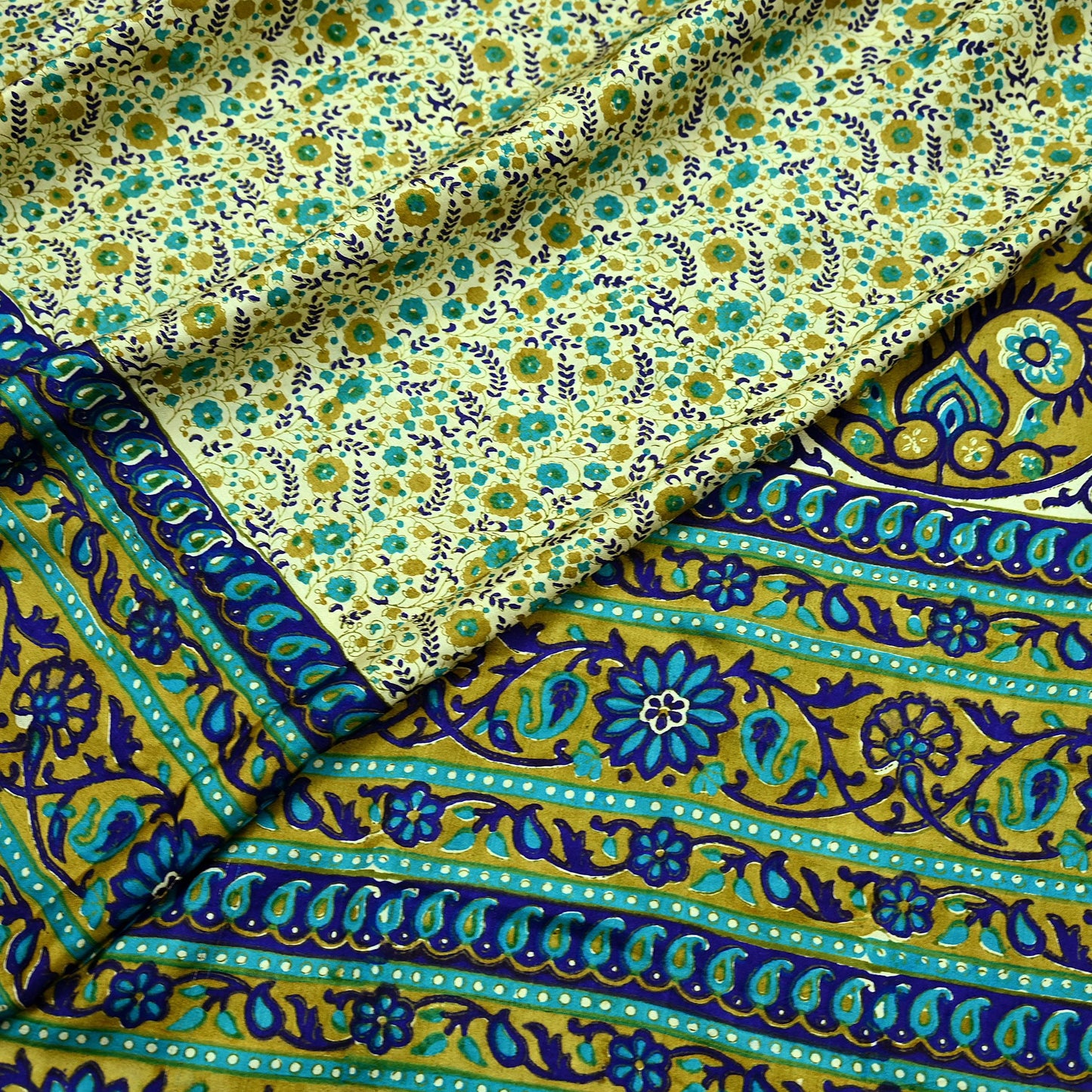 Indian Vintage Sari Ivory & Blue Printed 100% Pure Satin Silk Sarees 5yd Sewing Craft Fabric Dress Making Wrap Upcycle Quilting Crafting