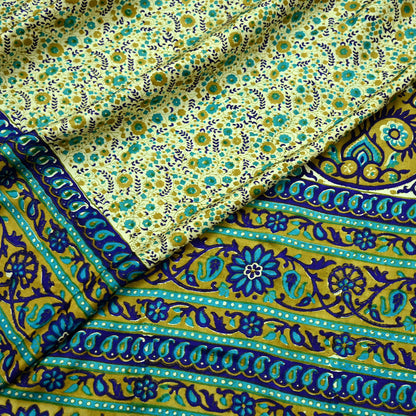 Indian Vintage Sari Ivory & Blue Printed 100% Pure Satin Silk Sarees 5yd Sewing Craft Fabric Dress Making Wrap Upcycle Quilting Crafting