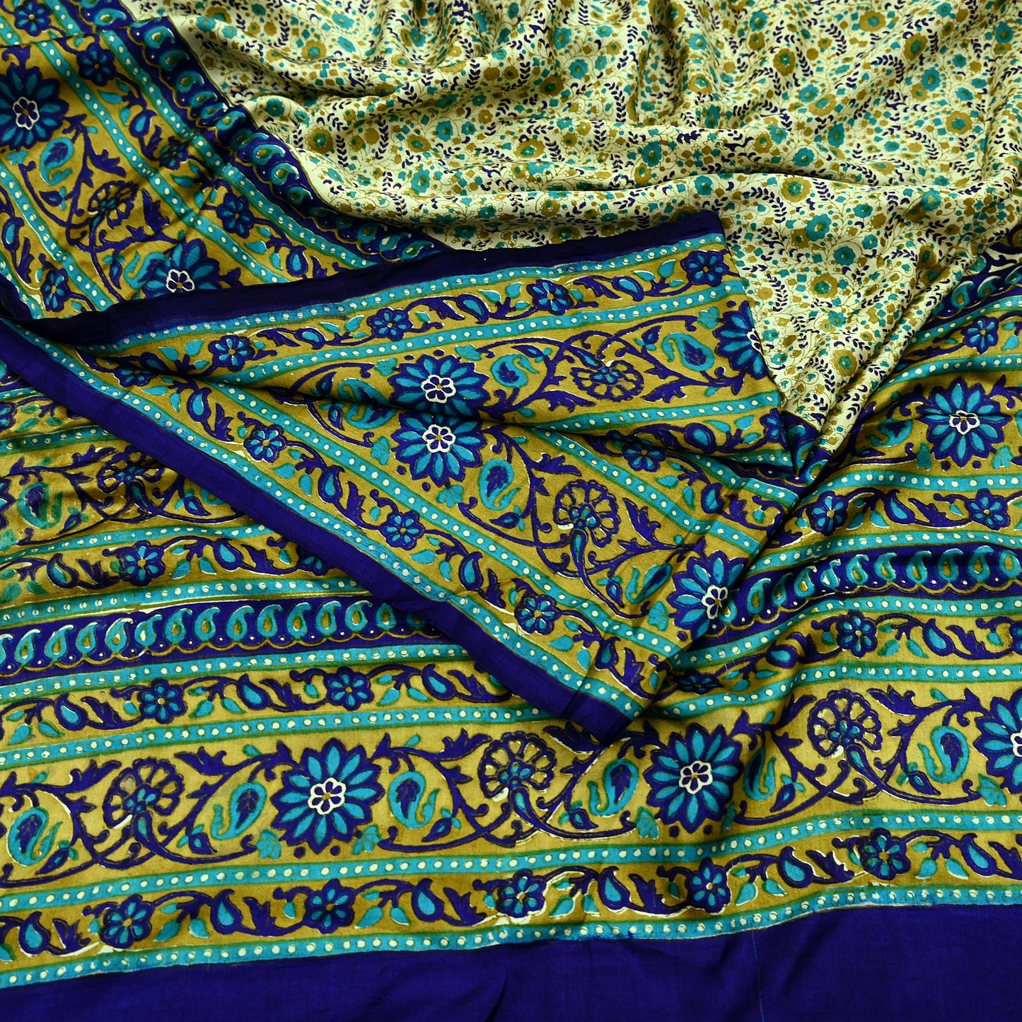 Indian Vintage Sari Ivory & Blue Printed 100% Pure Satin Silk Sarees 5yd Sewing Craft Fabric Dress Making Wrap Upcycle Quilting Crafting