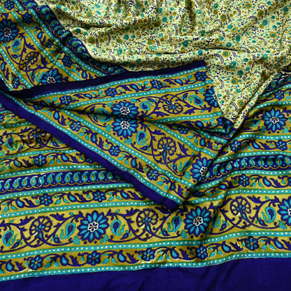 Indian Vintage Sari Ivory & Blue Printed 100% Pure Satin Silk Sarees 5yd Sewing Craft Fabric Dress Making Wrap Upcycle Quilting Crafting