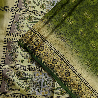 Indian Vintage Sari Green Pure Silk Printed Sarees 5yd Sewing Craft Fabric Dress Making  Soft Floral Wrap Upcycle Used Quilting Crafting