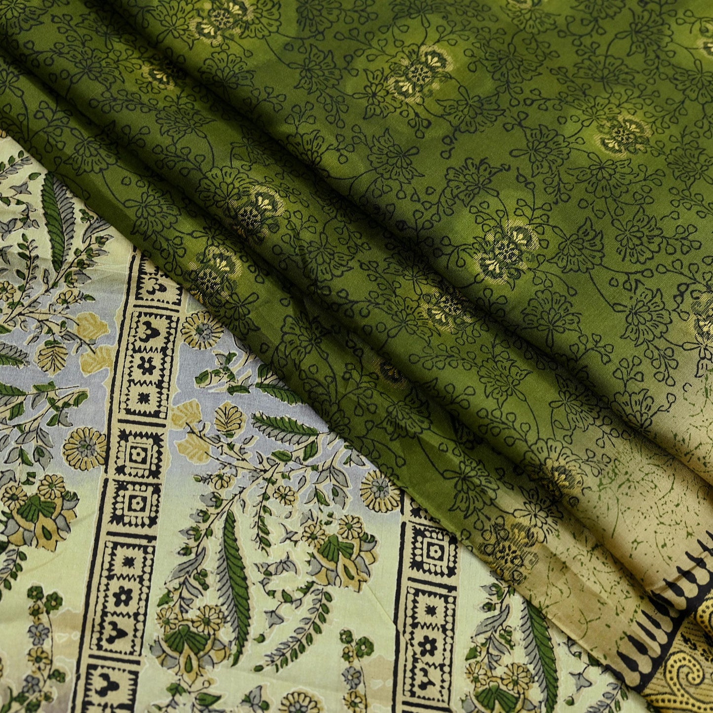 Indian Vintage Sari Green Pure Silk Printed Sarees 5yd Sewing Craft Fabric Dress Making  Soft Floral Wrap Upcycle Used Quilting Crafting