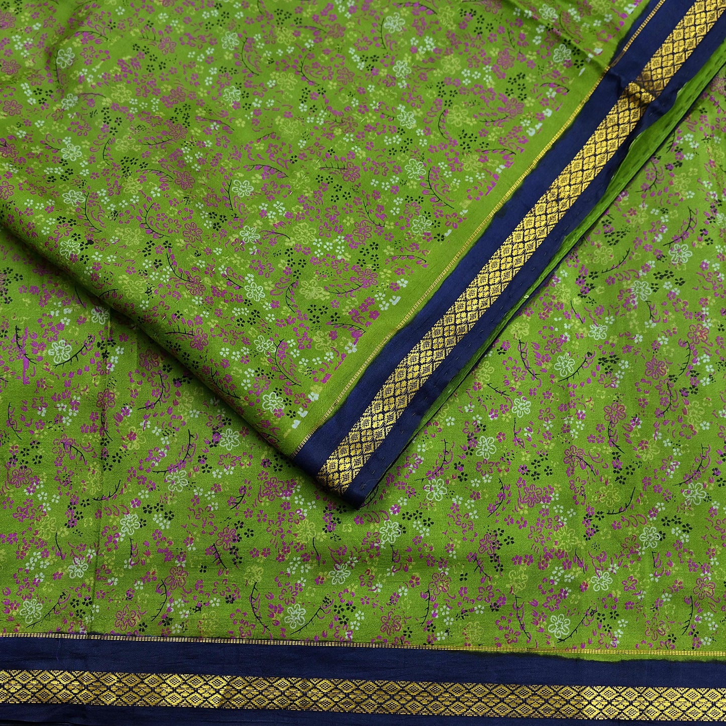 Indian Vintage Sari Green & Blue 100% Pure Silk Printed Sarees 5yd Sewing Craft Fabric Dress Making Soft Woven Zari Border Upcycle Quilting