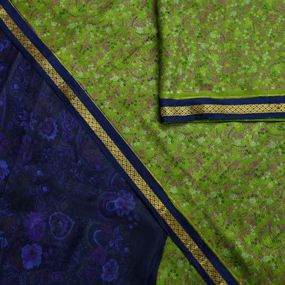 Indian Vintage Sari Green & Blue 100% Pure Silk Printed Sarees 5yd Sewing Craft Fabric Dress Making Soft Woven Zari Border Upcycle Quilting