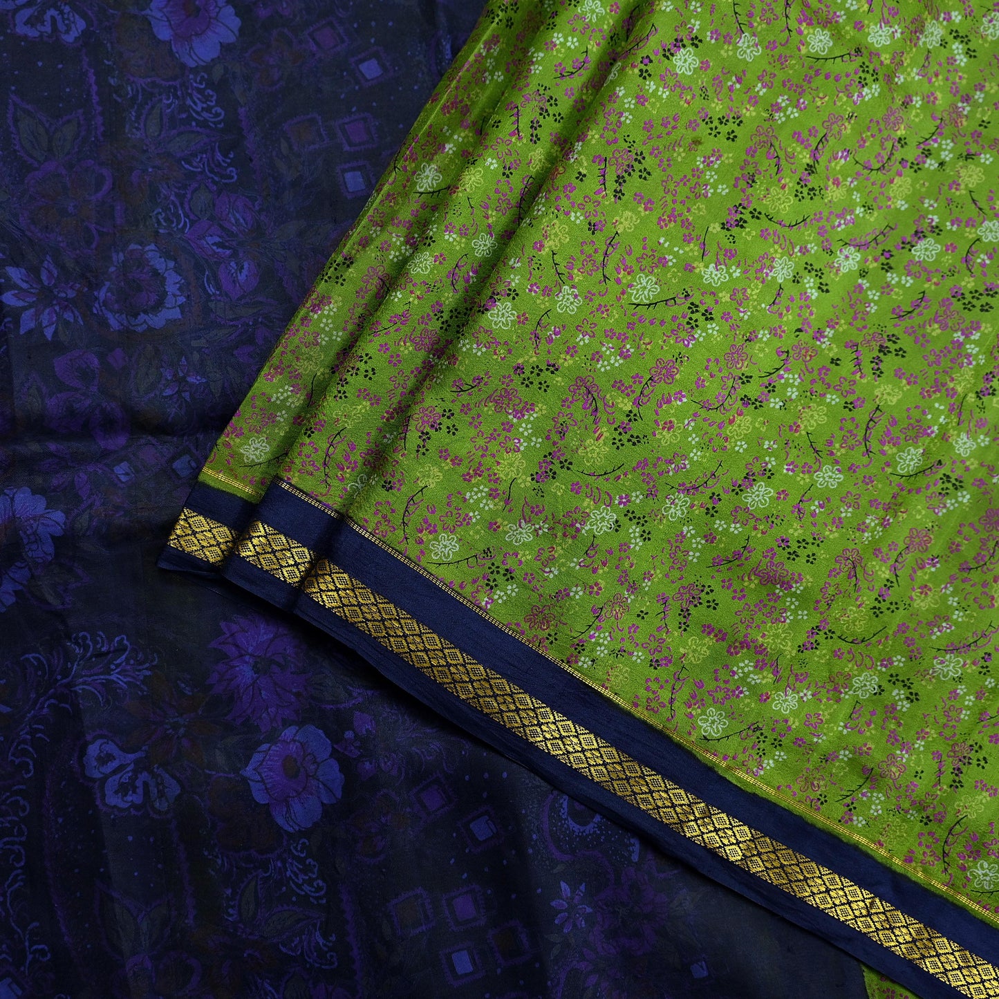 Indian Vintage Sari Green & Blue 100% Pure Silk Printed Sarees 5yd Sewing Craft Fabric Dress Making Soft Woven Zari Border Upcycle Quilting