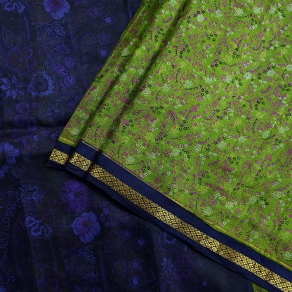 Indian Vintage Sari Green & Blue 100% Pure Silk Printed Sarees 5yd Sewing Craft Fabric Dress Making Soft Woven Zari Border Upcycle Quilting