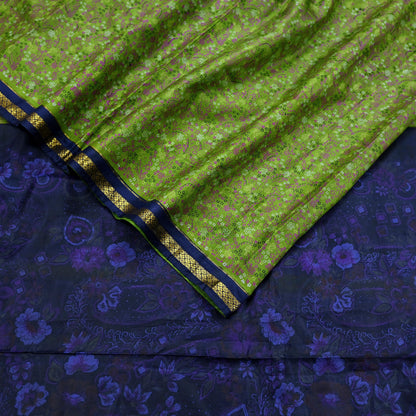 Indian Vintage Sari Green & Blue 100% Pure Silk Printed Sarees 5yd Sewing Craft Fabric Dress Making Soft Woven Zari Border Upcycle Quilting