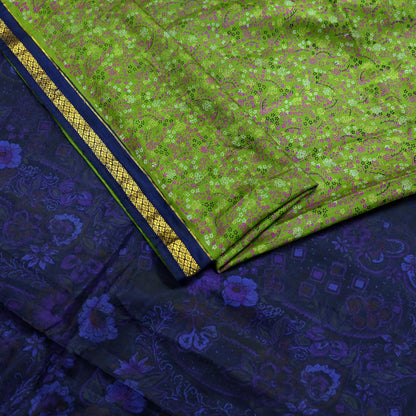 Indian Vintage Sari Green & Blue 100% Pure Silk Printed Sarees 5yd Sewing Craft Fabric Dress Making Soft Woven Zari Border Upcycle Quilting