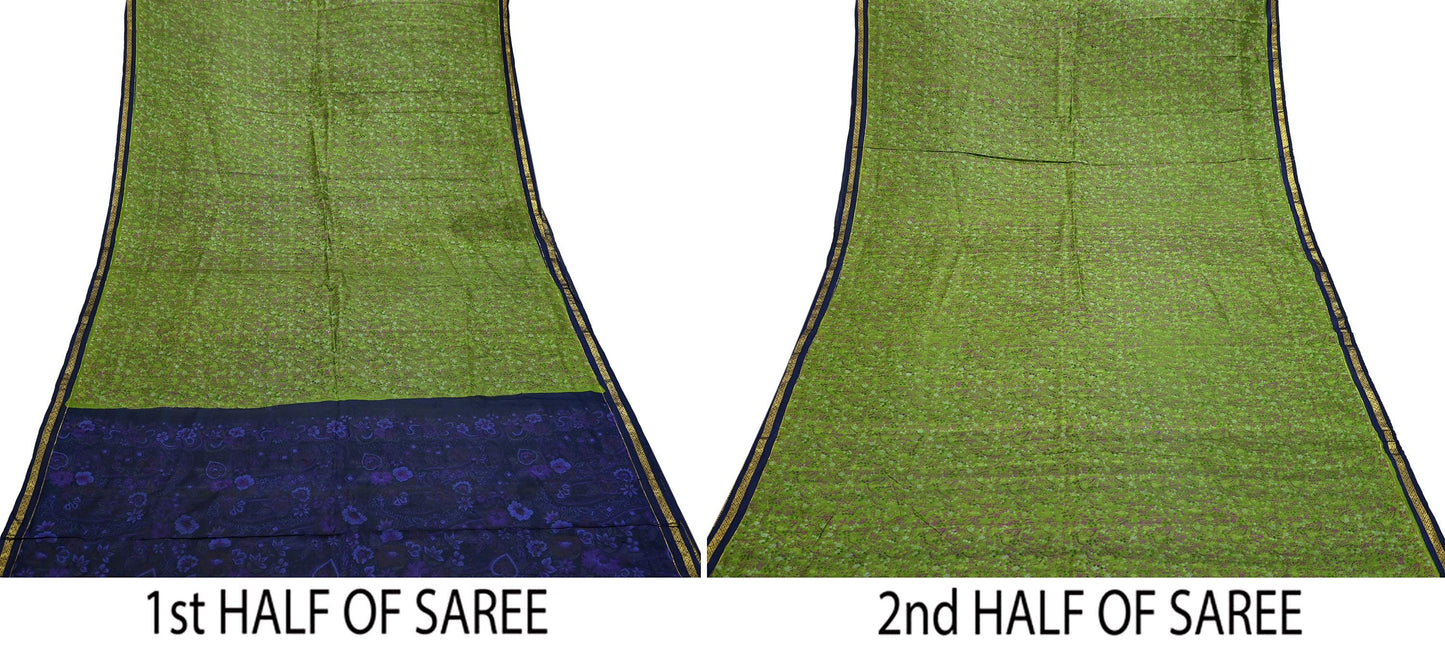 Indian Vintage Sari Green & Blue 100% Pure Silk Printed Sarees 5yd Sewing Craft Fabric Dress Making Soft Woven Zari Border Upcycle Quilting