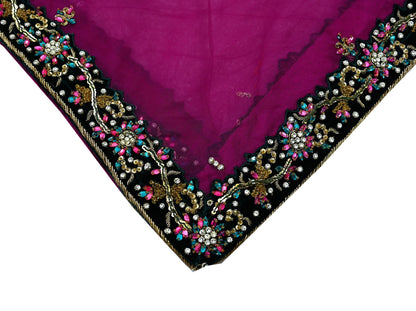 Indian Vintage Heavy Wedding Purple Dupatta Net Mesh Long Stole Hand Embroidered Scarves Golden Zardozi Dabka Zari Bridal Veil Hijab