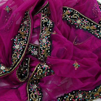 Indian Vintage Heavy Wedding Purple Dupatta Net Mesh Long Stole Hand Embroidered Scarves Golden Zardozi Dabka Zari Bridal Veil Hijab