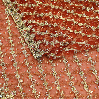 Indian Vintage Bridal Heavy Orange Dupatta Net Mesh Long Stole Hand Embroidered Scarves Golden Zardozi Dabka Zari Sequins Wedding Veil