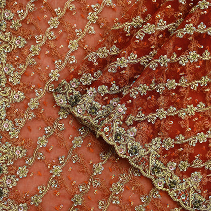 Indian Vintage Bridal Heavy Orange Dupatta Net Mesh Long Stole Hand Embroidered Scarves Golden Zardozi Dabka Zari Sequins Wedding Veil