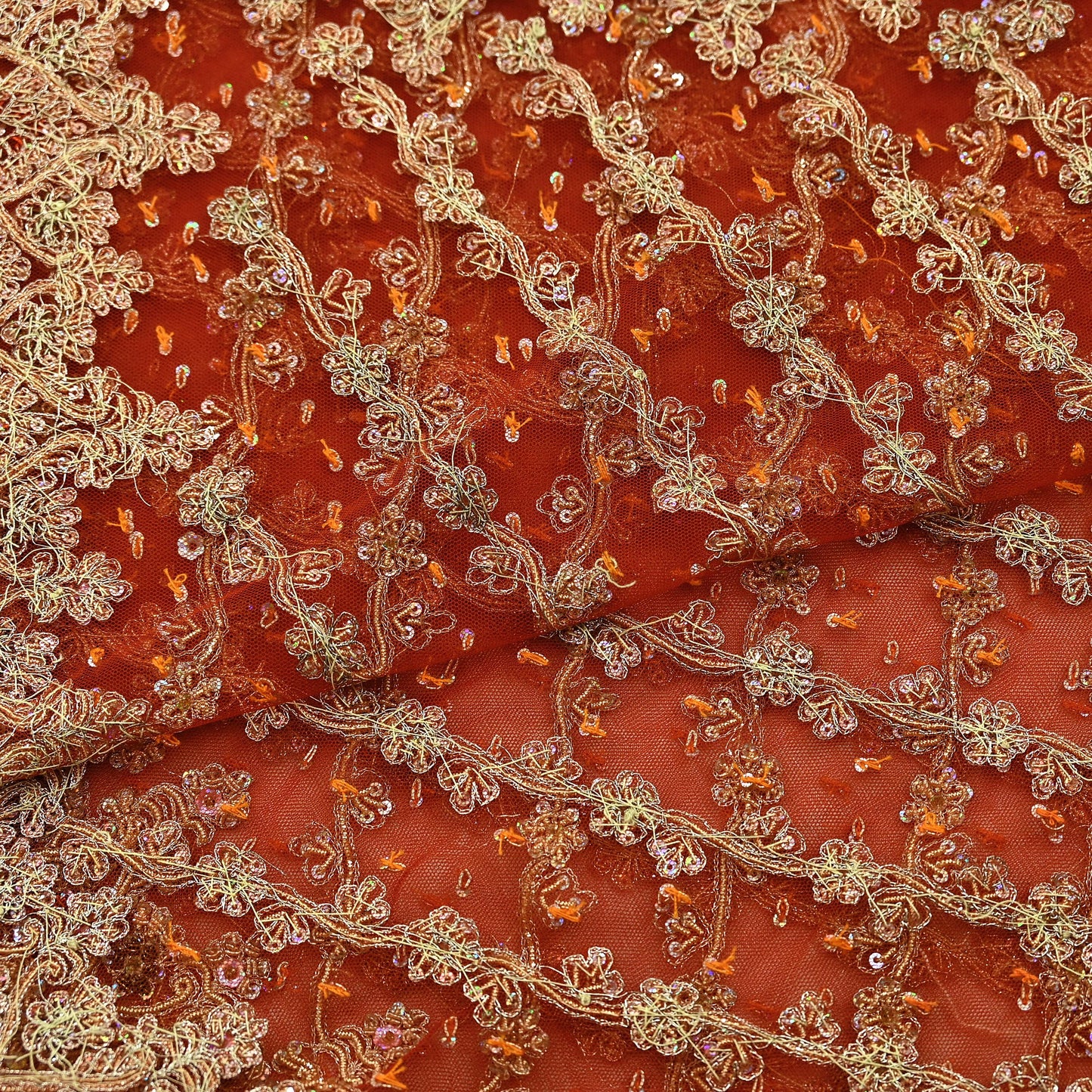 Indian Vintage Bridal Heavy Orange Dupatta Net Mesh Long Stole Hand Embroidered Scarves Golden Zardozi Dabka Zari Sequins Wedding Veil