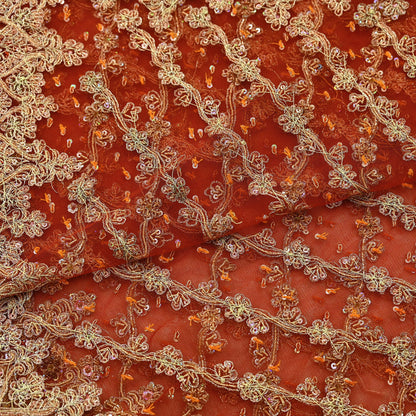 Indian Vintage Bridal Heavy Orange Dupatta Net Mesh Long Stole Hand Embroidered Scarves Golden Zardozi Dabka Zari Sequins Wedding Veil